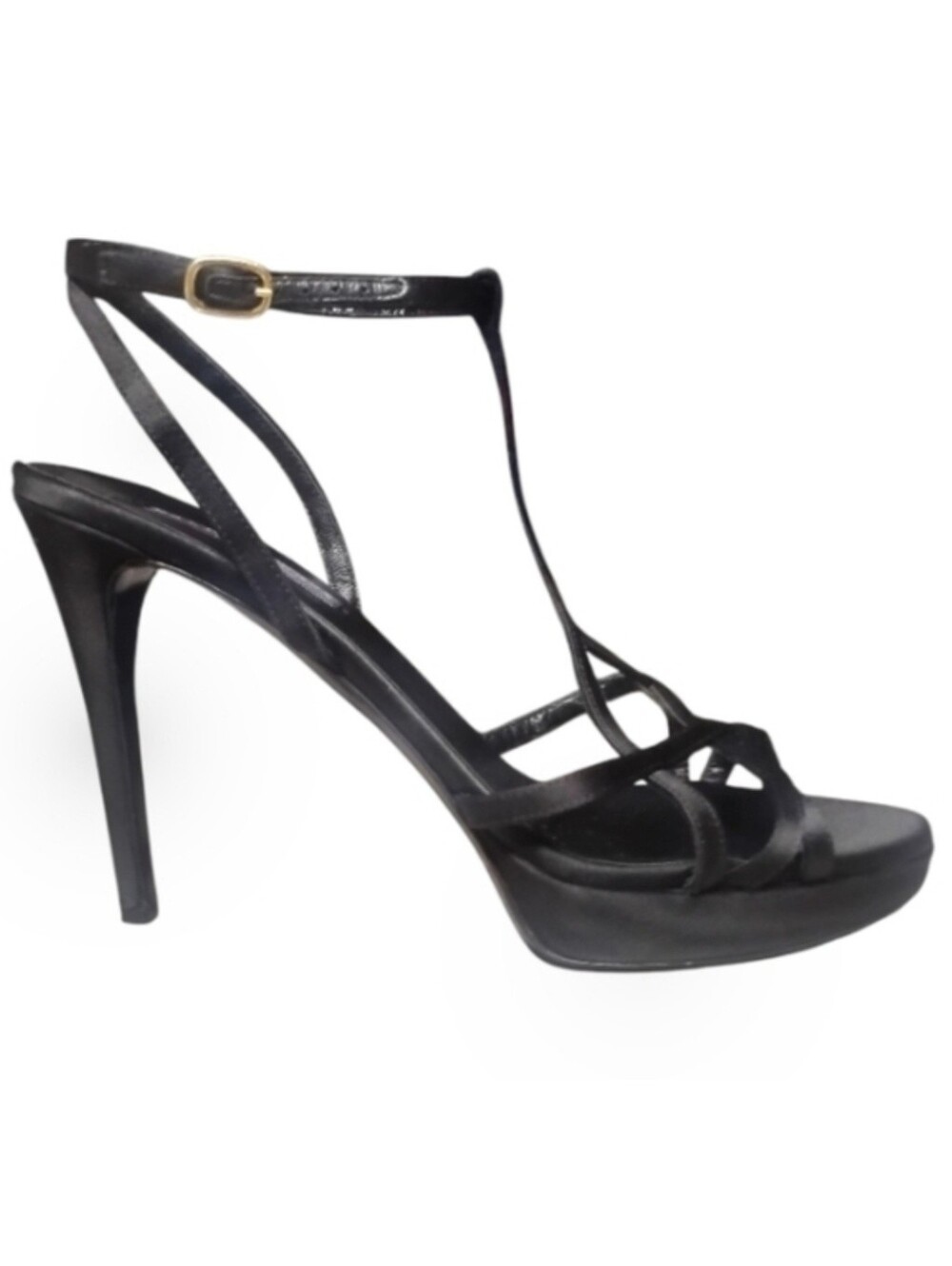 RALPH LAUREN COLLECTION | Black Satin T-Strap Platform Sandals in Size 9.5